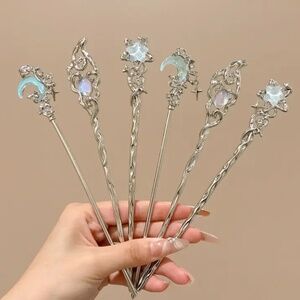 NIP! Beautiful Silver Tone Hair Pins in Three Shapes: Moon, Star and Oval!